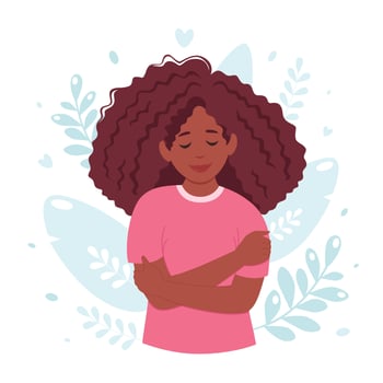 Love yourself concept. Black woman hugging herself, self love, body positive. vector