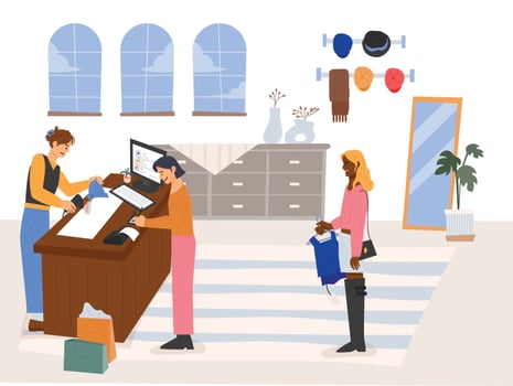 Clothing store customers stand to pay. flat design style vector illustration.