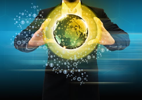 Business people holding social network with globe photo