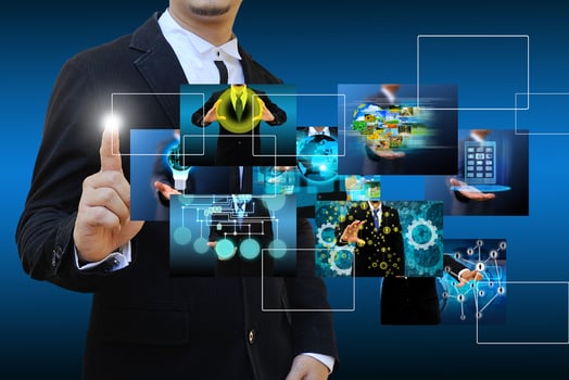 businessman contact Reaching images streaming in hands .Financial and technologies concepts photo
