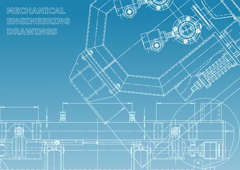 Computer aided design systems. Technical illustrations, backgrounds. Mechanical engineering drawing. Machine-building industry. Instrument-making drawings vector