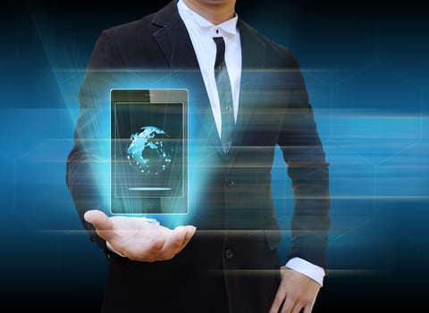 businessman holding smartphone technology and social media photo