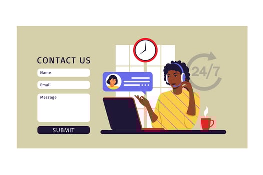 Customer service concept. Contact us. African woman with headphones and microphone with laptop. Vector illustration. Flat