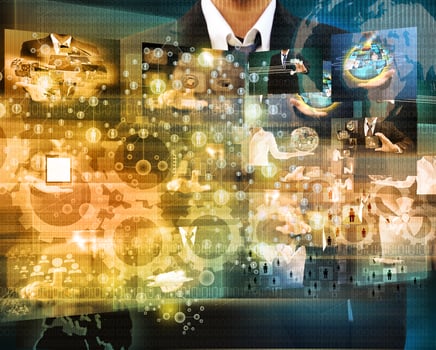 businessman holding Reaching images streaming in hands .Financial and technologies concepts photo