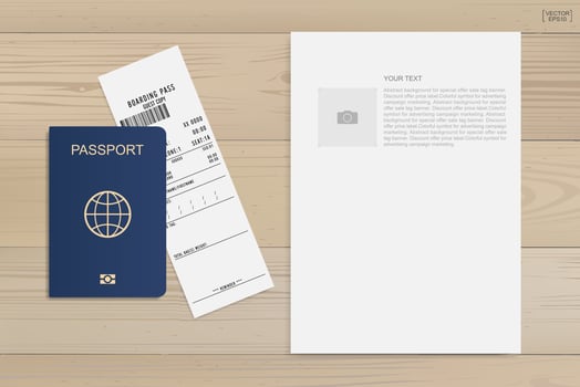 Passport and boarding pass ticket on wood background. Vector. vector