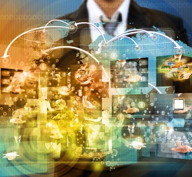 businessman holding Reaching images streaming in hands .Financial and technologies concepts photo
