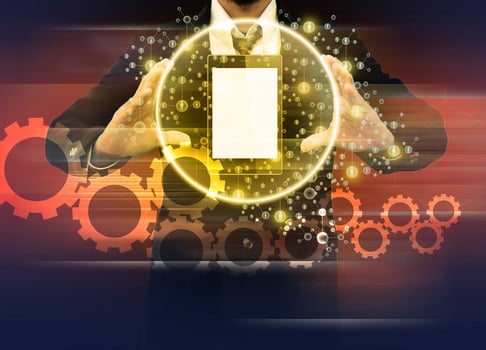 businessman holding world technology mobile phone photo