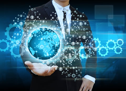 Business people holding social network with globe photo