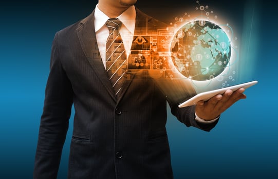 businessman holding world social network photo
