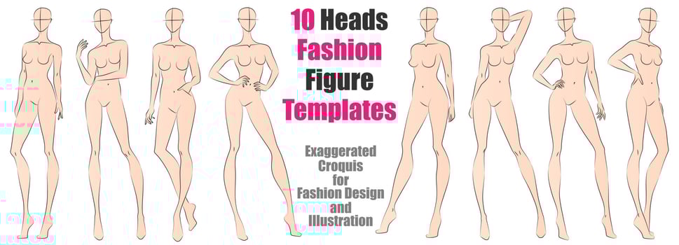 10 Heads Fashion Figure Templates. Exaggerated Croquis for Fashion Design and Illustration. Vector Illustration