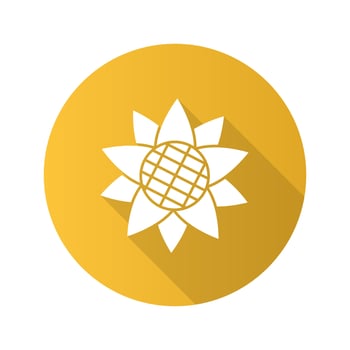 Sunflower head flat design long shadow glyph icon. Helianthus. Vector silhouette illustration