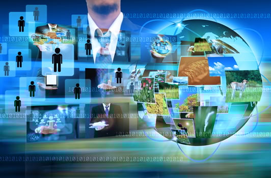 businessman holding Reaching images streaming in hands .Financial and technologies concepts photo