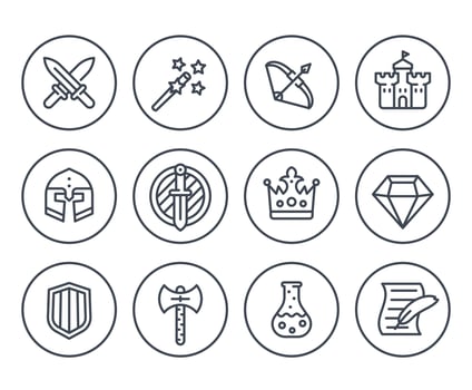 Game line icons on white, RPG, fantasy, swords, magic wand, bow, castle, helmet, armor, potion vector