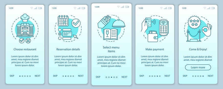Restaurant onboarding mobile app page screen vector template. Event guest meal. Cafe dinner menu. Walkthrough website steps with linear illustrations. UX, UI, GUI smartphone interface concept