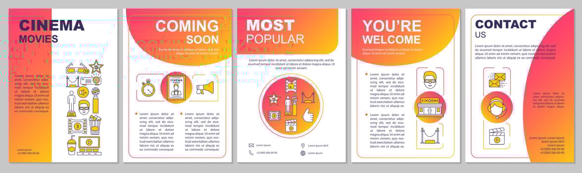 Cinema movie brochure template layout. Event in theatre. 3d film premiere. Flyer, booklet print design with linear illustrations. Vector page layouts for magazines, annual reports, advertising posters