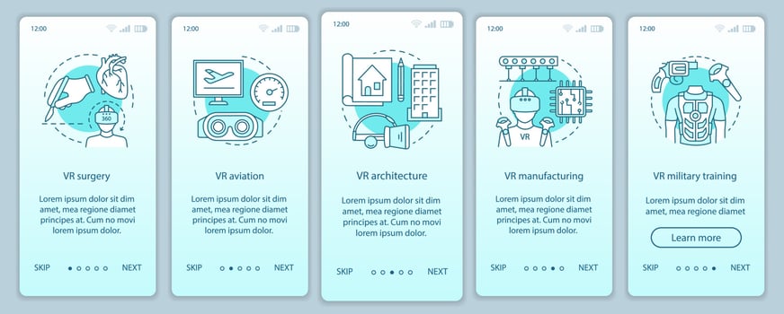 Virtual industry onboarding mobile app page screen with linear concepts. VR production, aviation, military, architecture walkthrough steps graphic instructions. UX, UI, GUI vector template with icons