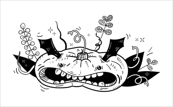 Hand-drawn vector illustration. Scary halloween pumpkin for t-shirt print, poster, flyer, invitation. Black outline