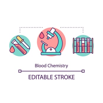 Blood chemistry concept icon. Clinical biochemistry. Medical lab research. Laboratory analysis. Blood test. Microbiology idea thin line illustration. Vector isolated outline drawing. Editable stroke