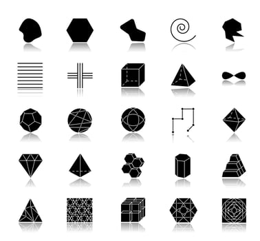 Geometric figures drop shadow black glyph icons set. Squares, circles and triangles. Double pyramid. Prism models. Complex abstract shapes. Isometric forms with curves. Isolated vector illustrations