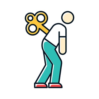 Fatigue color icon. Tired man. Overworked person. Common cold symptom. Chronic depression. Unhappiness, frustration. Flu infection, influenza virus. Grippe sickness. Isolated vector illustration