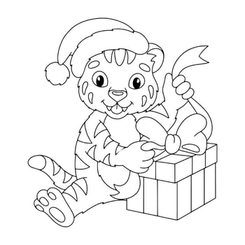 Cute tiger cub in a Christmas hat. Coloring book page for kids. Cartoon style character. Vector illustration isolated on white background.