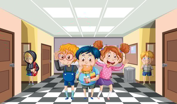 School scene with students cartoon character vector