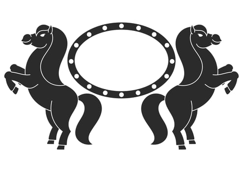 The two horses reared up. With space for your text. Element for the design of labels, sites. Black silhouette. Simple flat vector illustration.