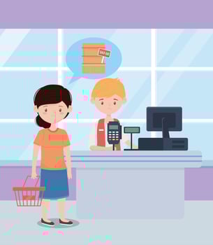 seller and customer with basket and sold out shelf supermarket vector