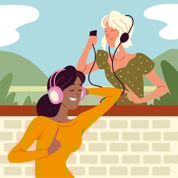 happy women with earphones vector