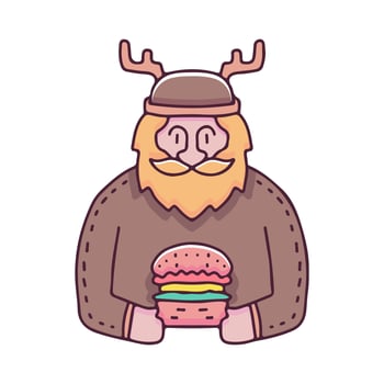 Bearded man with deer costume holding burger illustration. Vector graphics for t-shirt prints and other uses.