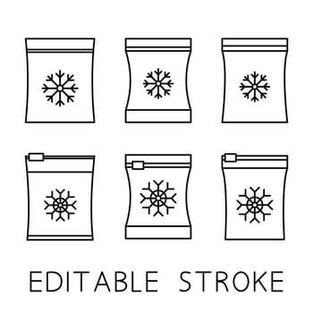 Set of vector frozen food bag. Freeze bag. Containers and bags for food semi-finished products frozen. Vacuum packed for freezing of food. Outline icons set. Vector