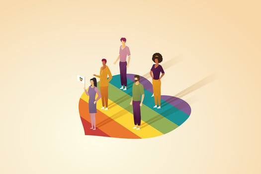 Group of people holding rainbow heart flags stand on rainbow big heart. vector