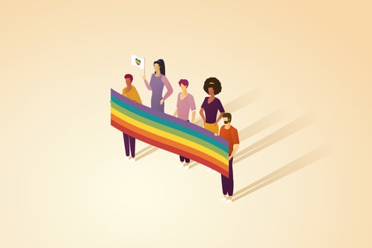 Group of people holding large rainbow banners and rainbow heart flags. vector