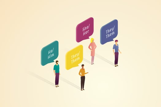 Group of teenagers She, he, and they with gender pronouns in speech bubbles vector