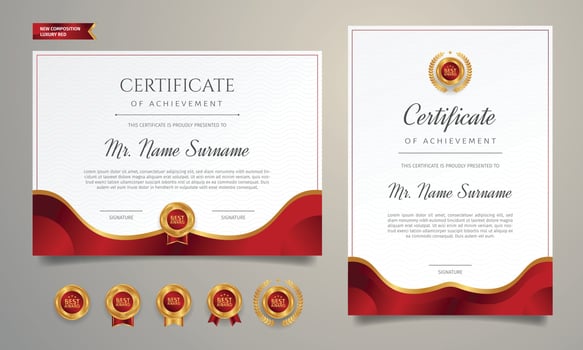 Red and gold certificate template with badges vector
