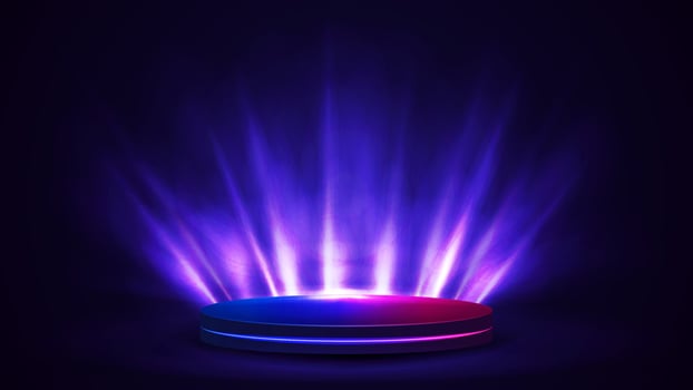 Empty blue and pink podium for product presentation, 3d realistic vector neon illustration. Digital podium with lighting of spotlights