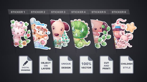 Set sticker - dog, puppy, tiger, car, sheep, lamb, cow, money, coin, bird, elephant, school vector
