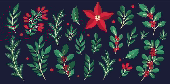Christmas floral plant set.New year 2021 collection branch leaf.Decoration botanical design. vector