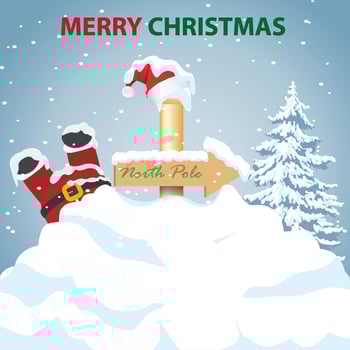 Happy Santa Claus skiing with a sack of north pole vector