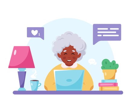 Grandma sitting with laptop. Old black woman using computer vector