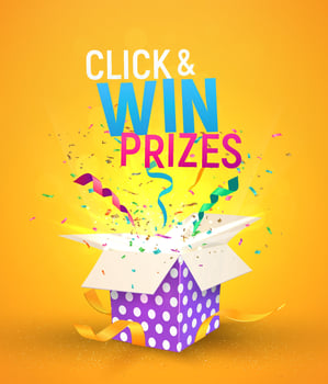 Open brigh textured box with confetti explosion inside and Click and win prizes text. Flying particles from giftbox vector illustration on yellow background