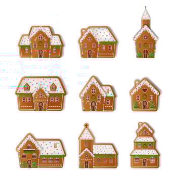 set of isolated gingerbread houses and churches. christmas gingerbread cookies vector