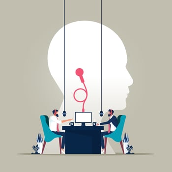 Business podcast concept illustration, Radio host interviewing guests on radio station, online radio, business in headphones talking vector