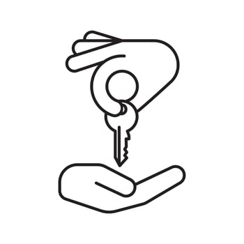 Hand giving key to another hand linear icon. Realty purchase thin line illustration. Real estate market deal. Homebuyer. Contour symbol. Private property purchase. Vector isolated outline drawing
