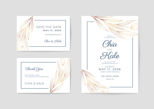 Minimalist and beautiful white wedding invitation with gold flowers vector
