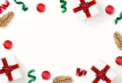 Christmas flat lay background with holiday elements. Realistic vector illustration