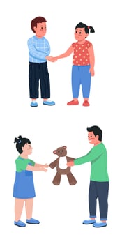 Kids bonding semi flat color vector character set
