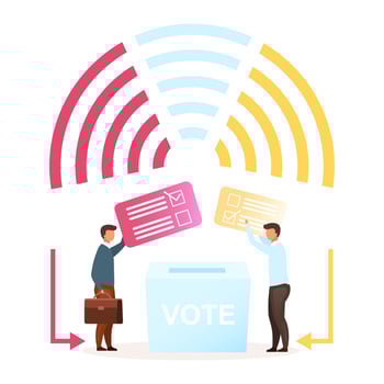 Election flat vector illustration. Political system metaphor. Choosing president, parliament. Voting for new leader. Confrontation beetween parties. Act of democracy. Voters cartoon characters
