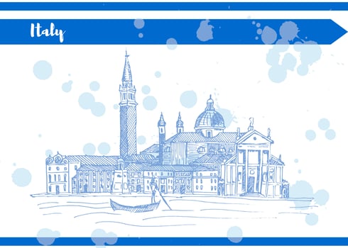 Blue sketch italy venice quay near the river old houses and gond vector