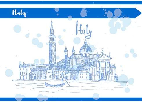 Blue sketch italy venice quay near the river old houses and gond vector